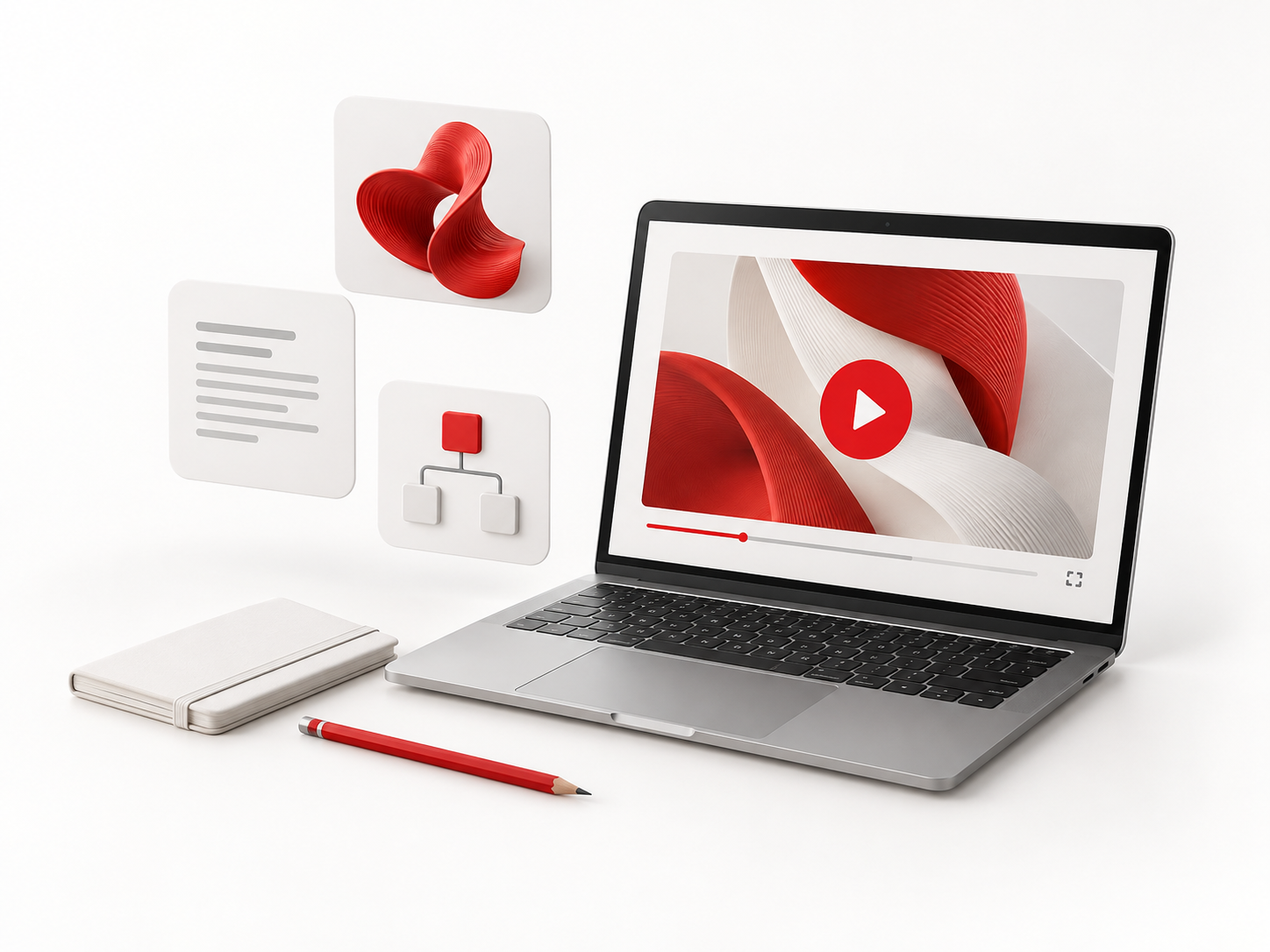 Illustrazione della formazione AI di Mediastart Academy: una lezione video con contenuti dedicati a testi, immagini e attività digitali